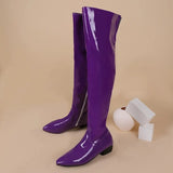Women Over the Knee Boots Wide Calf Size 34~48 Candy Colour Chunky Low Heel Pointy Toe Patent Leather Comfortable Boot Zip