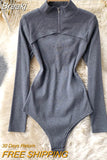 Women Knitted Bodysuits Autumn Sexy Club Outfits Zip-up Stand Collar Long Sleeve Hollow Out Slim Body Tops