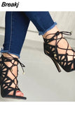 Fashion Women High Heels Sandals Pumps Sexy Hollow Lace-Up Cross-Tied Females Summer Sandals Peep Toe Party Shoes