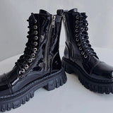 Patent Leather Punk Motorcycle Boots Women 2023 Lace Up Platform Ankle Boots Woman Thick Bottom Short Booties