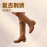 Breakj Large-Size Retro Embroidery V-Mouth Martin Boots Women Autumn And Winter Coarse And Mid-Clinity Net Red Knight