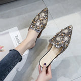 2023 New Elegant Women Rivets Slides Mules Breathable Flat Slippers Closed Toe Slides Party
