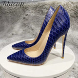 Navy Blue Crocodile Effect Pattern Women Sext Pointy Toe High Heel Shoes Chic Ladies Slip On Stiletto Pumps Size
