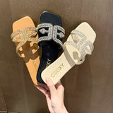 Slippers, Flats, Women's Beach Shoes, Women's Summer 2024 Sandals, Pearl Rhinestone Flats, Women's Summer 2024