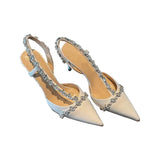 Temperament French Small Heels Socialite Pointed Single Shoes Fairies White High Heels Fine Heels Water Drill Baotou Sandals Women's