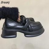 New Black Platform Women Loafers Fashion Round Toe Chunky Heels Retro Flat Shoes Female Slip on Casual Dress Women