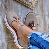 New English Style Round Head Belt Buckle Thick Heel Tassel Sling Thick-Soled Sandals From