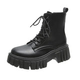 Chunky Platform Ankle Boots Women Pu Leather Square Heels Combat Boots Woman Lace Up White Black Short Booties