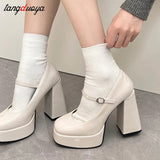 High Heels Mary Jane Shoes Women 2024 Patent Leather Platform Pumps Woman Elegant Solid Office Heels Thick-Heeled