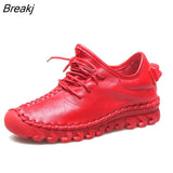 Genuine Leather Women Shoes Fashion Casual Sneakers Retro Flats Ladies Lacing Loafers Breathable Vulcanized