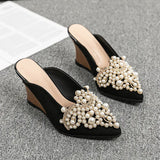 Half Slippers Women Outerwear 2023 Spring Summer New Pointed Pearl Baotou Mules Shoes 8cm High Heel Women Slides