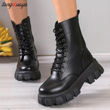 Boots Women Mid Calf new Autumn Winter Lace-up Ladies Chelsea Zipper Botas Mujer Boots Sports Platform Heel Ladies