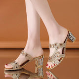 New 2023 Rhinestone Slippers Ladies Chunky Heels Hollow Casual Slippers Fashion Beach Shoes Woman Sandalias De