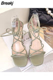 Summer Beige Heeled Sandals Female Shoe Cross-Shoes Square Toe All-Match Black Girls New High Clear Lace Up Comfort Block