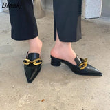 Summer Luxury Brand Women Black High Heels Slippers Close Toe Block Heels Mules Designer Slip On Loafers Slides Party