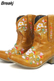 Retro Female Western Boots Wood Sole Spike Heels Pointed Toe Slip-On Floral Flower Ankle Boots Shoes Plus Size