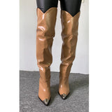 Pointed Toe Thigh High Boots for Women Sexy Rivet Stud Slip On Women's High Boots Tassel Decor Spike High Heel Botas