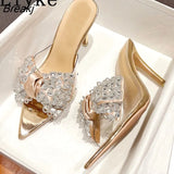 Thin High Heels Women Slippers Fashion Crystal Bowknot PVC Transparent Sandals Sexy Pointed Toe Summer Party Prom