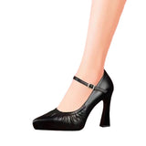 Spring Autumn Season New Fashionable Pointed Solid Leather Surface Light Mouth Flat Buckle High Heel Women's Single