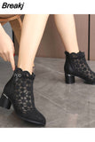 Spring Summer Fashion Rhinestones Gauze Sandals Thick Heels Mesh Autumn Ankle Boots Female Hollow Women's