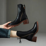 Women's Boots Autumn Leather Short Boots for Women Round Toe Chunky Heel Retro Brown Female Zipper Ankle Boots Botas