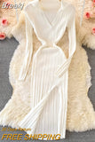 Sexy V-neck Short-sleeved Knit Bodycon Dress Women Casual Summer Slim Elastic High Split Mid-calf Ribbed Long Dress