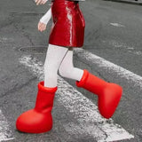 Red Knee High Boots Round Toe Balloon Slip on Ladies Casual Boots 2023 New Solid Color Brand High Quality Boots