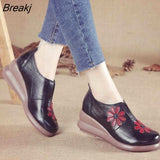 Women Embroider Flower Fashion Flat Increase Wedges Shoes Genuine Leather Ethnic Design Women's Shoes Ladies