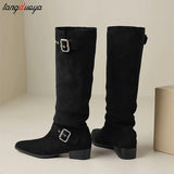 High Quality Pleated Boots Women Black Nude Faux Suede Flock Knee High Boots Ladies Flat Autumn Winter Dress Shoes size