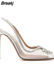 Summer PVC Transparent Shoes Pointed Toe Rhinestone Chain High-heeled Women's Sandals Stylish Women Pumps Wedding Shoes