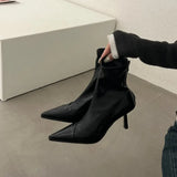 Socks Heels Winter Shoes For Women Boots-Women Stockings 2024 Autumn Rubber Pointy High Heel Ankle Ladies Lace-Up