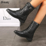 Low-heel Casual Women's Boots 2023 Winter Warm Zipper Round-toe Shoes Motorcycle Boots New Ankle Boots Lace-Up