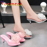Three-Dimensional Flowers Slippers Summer Transparent Sandals Beach Shoes Thin High Heels Walk Show Crystal Party Women