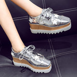 Autumn Women Patent Leather Stars Flat Platform Casual Shoes Fashion Lace Up Brogue Shoes Footwear Chaussures
