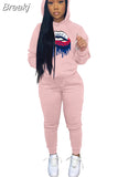 Two Piece Set Women Hooded Sweatsuits Fashion Pink Letter Leopard Print Tracksuit Casual Female Outfits Streetwear