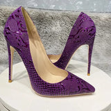 Purple Embossed Crocodile Effect Women Pointy Toe Slip On High Heel Shoes for Party Sexy Ladies Dress Stiletto
