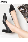 Newest Women's Leather Thick Heel Single Shoes Ladies Pointed Toe Shallow High Heels Work Pumps Eu 35-41 Black