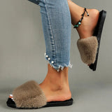 Autumn Winter Faux Fur Slippers Women Home Non Slip Fluffy Flat Slides Woman Outdoor Soft Sole Plush Sandals