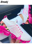 New Sneakers Women Spring Fashion Knitted Fabric Floral Lace Up Ladies Casual Shoes Larged-Size Flats Running