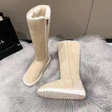 Cow Suede Knee-High Snow Boots for Women Hot Sale Winter Flat with Rubber Ladies Shoes Slip-on Round Toe Zipper