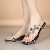 New Summer Leather Women's Sandals, Diamond, Low-Heeled Crystal Slippers, Toe Slippers, Thick Heels, Flower