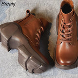 Ankle Boots for Women 2022 Autumn Winter Thick Bottom Lace Up Shoes Woman Retro Handmade Genuine Leather Short