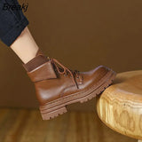 Women's Motorcycle Boots Vintage Brown Lace Up Boots Fashion In Autumn 2023 New Thick Soled Flat Heel Boots Low Boots