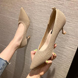 Heel Stretch Knitted Pumps Shoes Women's Shallow Flats High Heels Dress Shoes Pointed Toe Mesh Breathable Cozy