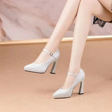 Spring Autumn Season New Fashionable Pointed Solid Leather Surface Light Mouth Flat Buckle High Heel Women's Single