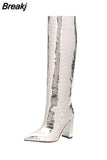 Women's Knee High Boots Tall Canister Sexy Women Boots Pointed Toe Chunky Heel Crocodile Print Women Boots High-heeled
