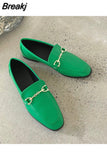 Women Slip on Loafer Flat Shoes Chain Autumn Fashion British Metal Buckle Flat Shoes Round Toe Green Casual