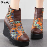 2022 New Women Boots Genuine Leather Women Shoes Round Toe Winter Wedges Handmade Leisure Ankle Platform