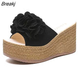Women's Slippers Women's Fashion 2023 Summer Flowers Wear Thick-soled Slippers One Word Wedge Sandals Wedge Sandals
