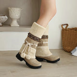 Style Women Boots Suede Leather Cotton Shoes for Women Plush Warm Snow Boots Retro Square Toe Thick Heel Mid-Calf